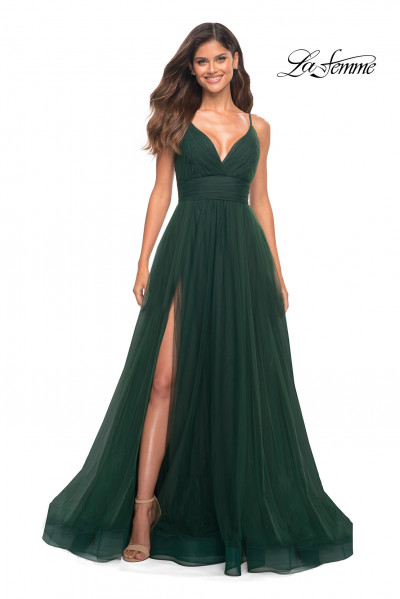 A-Line V Neck Tulle Lace Green Long Prom Dress, Green Formal Evening D –  shopluu