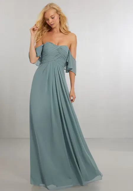 Morilee Boho Chic Chiffon Bridesmaids Dress with Off the Shoulder Neckline, style 21571, bridesmaid dress at The Castle Prom and Bridal in Spartanburg, SC