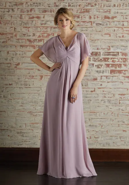 Morilee Chiffon Bridesmaid Dress with Capelet Style Sleeves and V-Neckline, style 21594, bridesmaid dress at The Castle Prom and Bridal in Spartanburg, SC