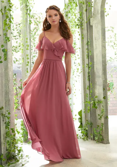 Morilee Chiffon Bridesmaid Dress with a Ruffled V-Neckline, style 21601, bridesmaid dress at The Castle Prom and Bridal in Spartanburg, SC