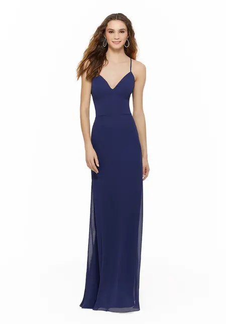 Morilee Chiffon Bridesmaid Dress with Deep V-Neck and Spaghetti Straps, style 21634, bridesmaid dress at The Castle Prom and Bridal in Spartanburg, SC