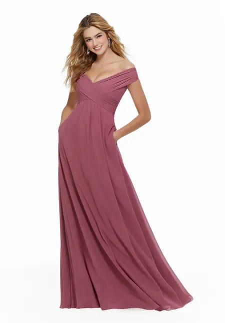 Morilee Chiffon Bridesmaid Dress with Classic Off the Shoulder Neckline, style 21646, bridesmaid dress at The Castle Prom and Bridal in Spartanburg, SC