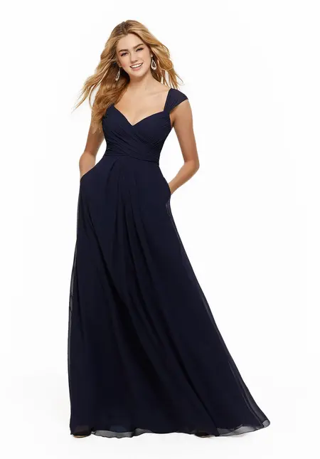 Morilee Chiffon Bridesmaid Dress with Ruched Draped Bodice and Watteau Back, style 21647, bridesmaid dress at The Castle Prom and Bridal in Spartanburg, SC