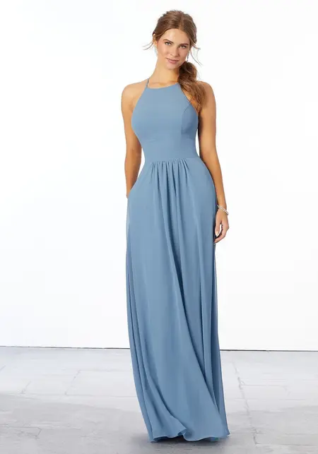 Morilee Chiffon Bridesmaid Dress with High Halter Neckline, style 21666, bridesmaid dress at The Castle Prom and Bridal in Spartanburg, SC
