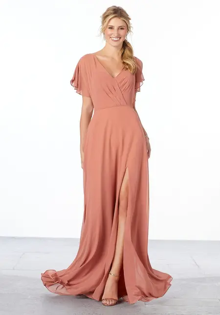 Morilee Chiffon Bridesmaid Dress with Flutter Sleeve and Front Slit, style 21667, bridesmaid dress at The Castle Prom and Bridal in Spartanburg, SC
