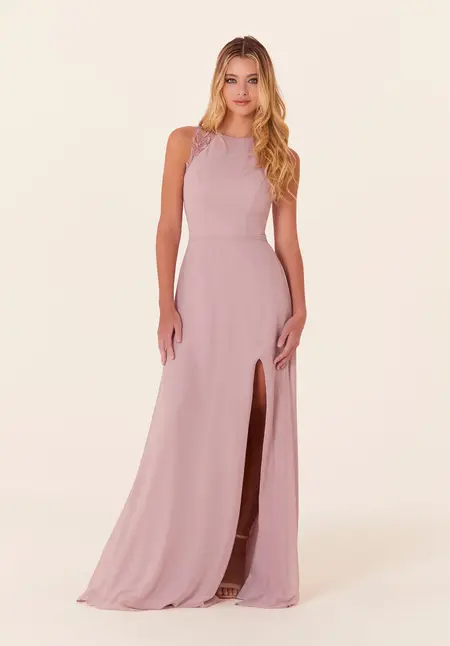 Morilee Chiffon Bridesmaid Dress with Leafy Appliqués, style 21826, bridesmaid dress at The Castle Prom and Bridal in Spartanburg, SC