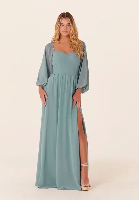 Morilee Chiffon Bridesmaid Dress with Bishop Sleeves, style 21830, bridesmaid dress at The Castle Prom and Bridal in Spartanburg, SC