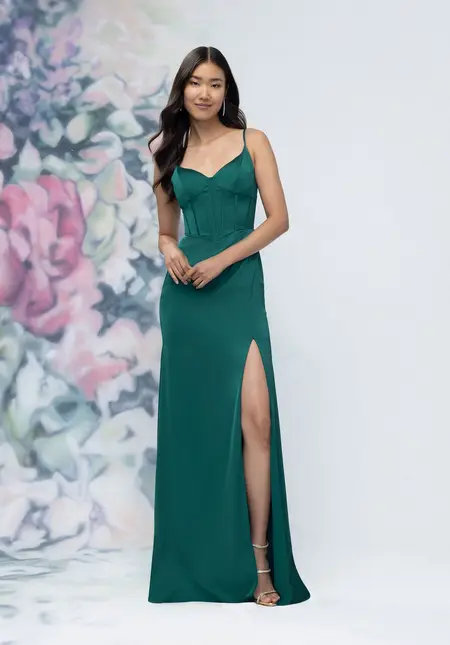 Morilee Basque Waist Luxe Satin Bridesmaid Dress with Boned Bodice, style 3030007, bridesmaid dress at The Castle Prom and Bridal in Spartanburg, SC