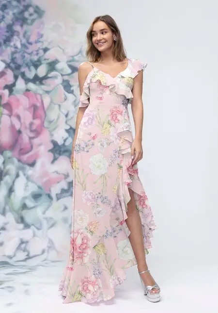 Morilee Asymmetric Ruffle Floral Printed Chiffon Bridesmaid Dress, style 3030022, bridesmaid dress at The Castle Prom and Bridal in Spartanburg, SC