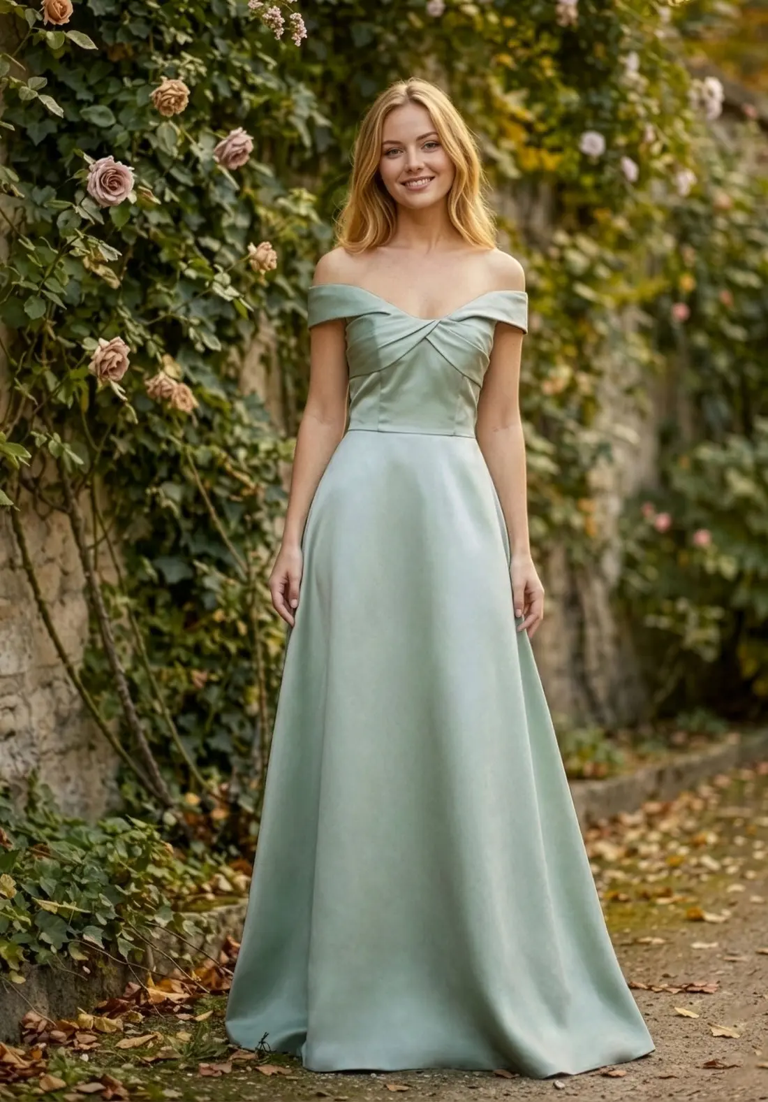 Sage green off-the-shoulder satin bridesmaid gown in a rose garden, Morilee style 3030030