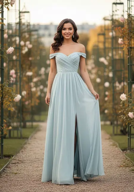 Morilee A-Line Chiffon Bridesmaid Dress with Ruched Off The Shoulder Bodice, style 3030039, bridesmaid dress at The Castle Prom and Bridal in Spartanburg, SC